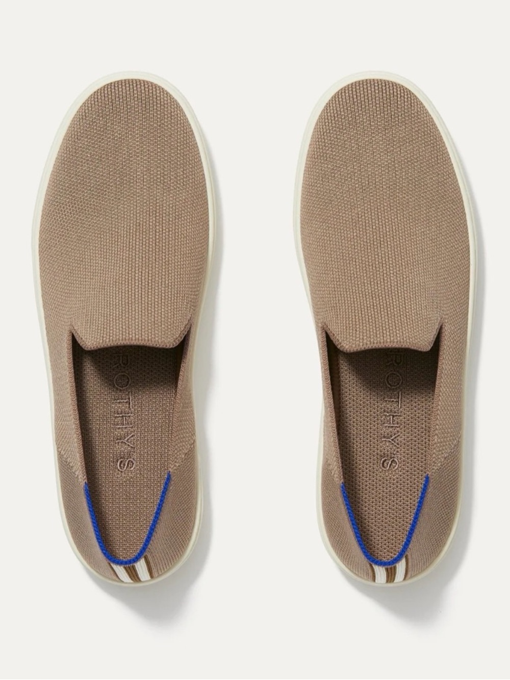 Rothy's Taupe Slip-On Loafers with Blue Heel Accent